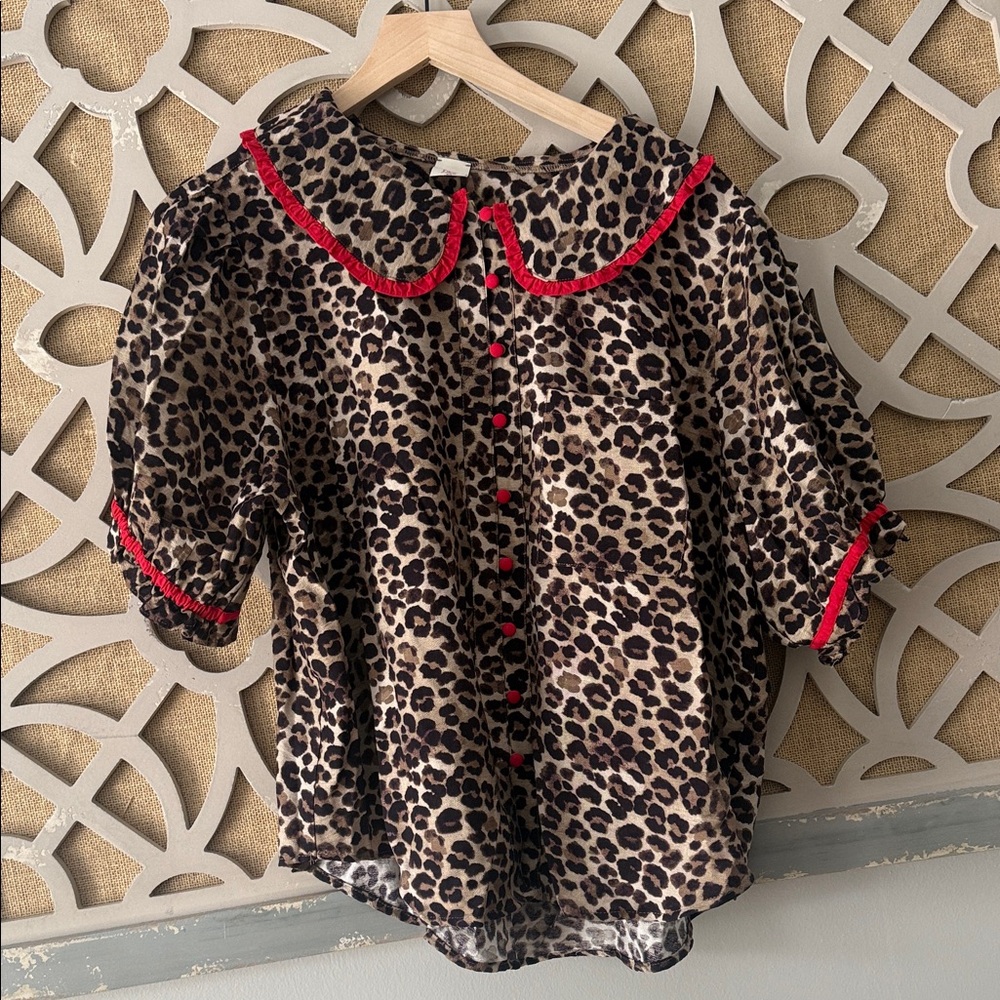 Sew In Love Leopard Print Blouse with Red Accents